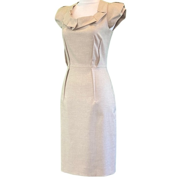 Antonio Melani Puffy Cap Sleeve Pleated Accent Round Neck Tan Woven Dress Size 2 - Picture 2 of 6